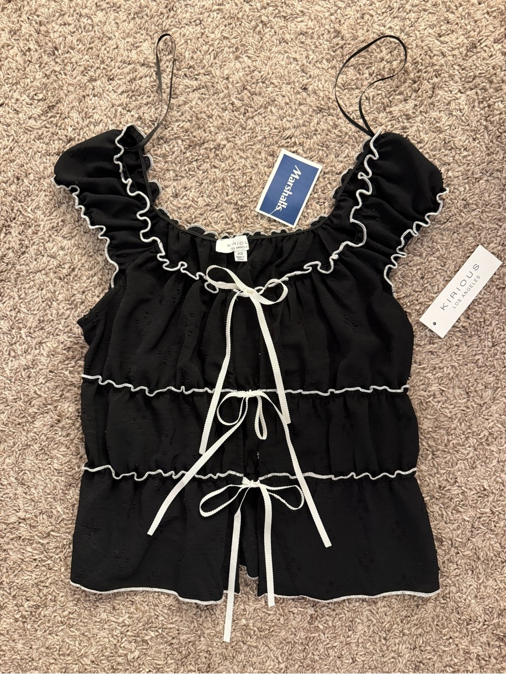 Black Ruffle Tie-Front Women's Top with White Trim